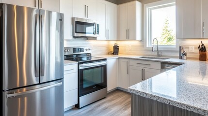 Fototapeta premium A brand-new kitchen with modern appliances, sleek countertops, and a sparkling clean, minimalist look.