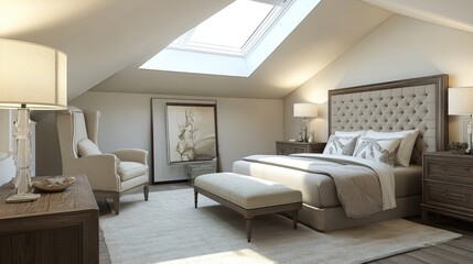 Elegant and Cozy Attic Bedroom with Skylight and Soft Lighting