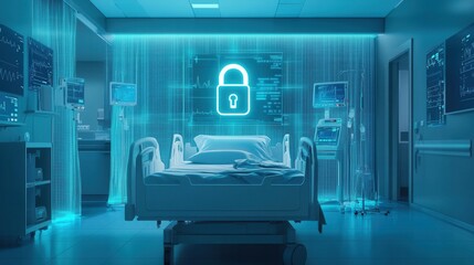 A hospital room with a blue lock on the wall