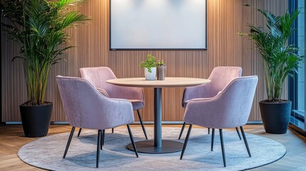 Fototapeta premium Modern Interior with Stylish Pink Chairs and Round Table Design