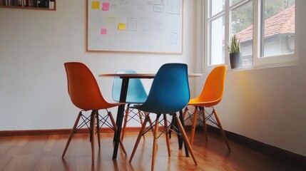 Fototapeta premium Cozy Modern Workspace with Colorful Chairs and Natural Light