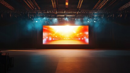 Obraz premium Empty Stage with Large LED Screen Displaying Dynamic Visuals