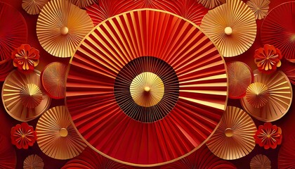 Vibrant lunar new year background with elegant red and gold paper fans in a decorative arrangement. Generative AI