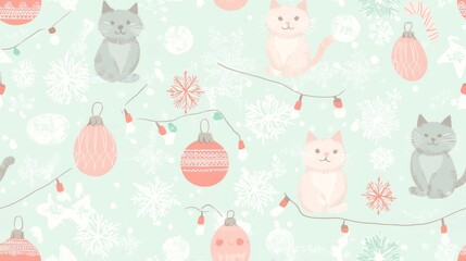 Whimsical Kittens Christmas Play - Ultra-Detailed Flat Artwork Seamless Pattern on Soft Pastel Background with Ornaments, Lights, and Snowflakes