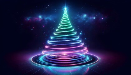 Abstract Christmas Tree: Swirling neon lights form a Christmas tree on a circular platform.