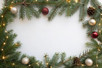 Festive evergreen branches adorned with shimmering ornaments and warm fairy lights create a charming holiday frame.