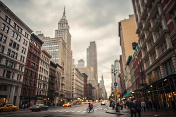 Blurred Cityscape An Evening Stroll Down a Bustling Street with Tall Buildings and Passing Vehicles