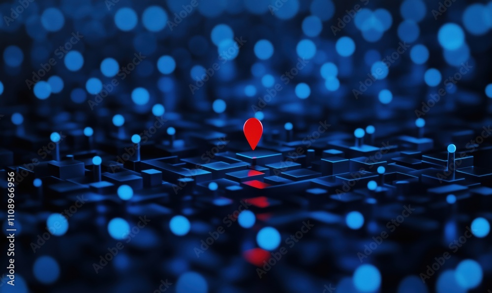 Poster red location pin on blue digital grid, abstract representation of navigation and mapping technology,