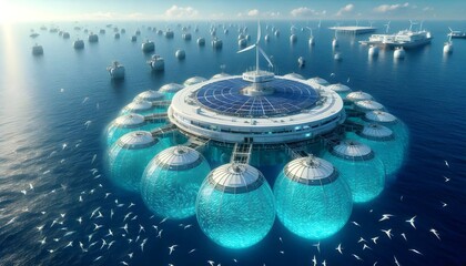Sustainable Aquaculture: Futuristic ocean fish farm with solar panels and wind turbines.