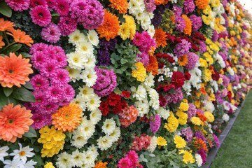 A vibrant tapestry of colorful blossoms, a profusion of petals in a dazzling array of hues and textures creating a breathtaking floral wall