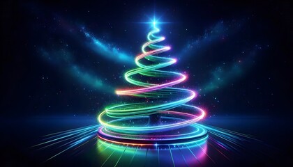 Abstract Christmas Tree: Swirling neon lights form a Christmas tree on a circular platform.
