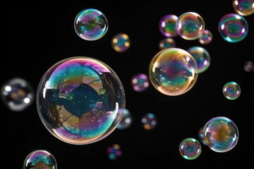 A mesmerizing display of iridescent soap bubbles floating in a dark void, showcasing their vibrant colors and delicate forms