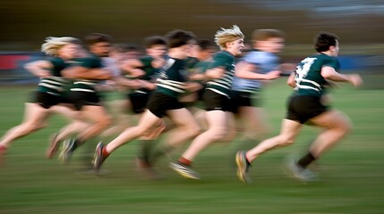 Blurred Motion of Athletes Running on a Grass Field