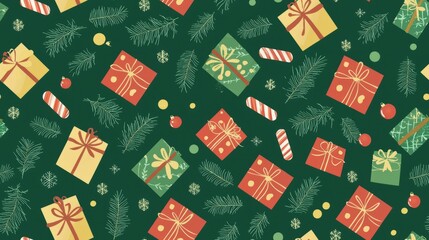 Festive Christmas Seamless Pattern with Colorful Gift Boxes and Ornaments on Green Background for Party Supplies