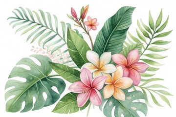 Obraz premium A vibrant watercolor painting of tropical flowers and lush foliage, a perfect botanical illustration for design projects