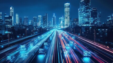 Fototapeta premium Nighttime cityscape with light trails from vehicles on a busy highway.