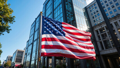 American flag in urban cityscape with modern glass buildings
