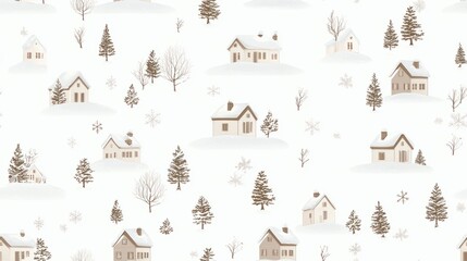 Tranquil Christmas Village Seamless Pattern for Winter Cards | Snowy Scenes, Twinkling Lights, Cozy Cabins on Soft White Background