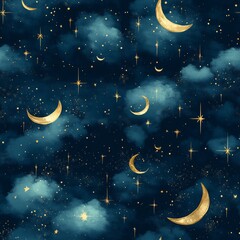 Fototapeta premium Night Sky Pattern with Golden Moons and Stars