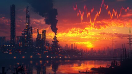 Fototapeta premium Industrial landscape at sunset with stock market graph 