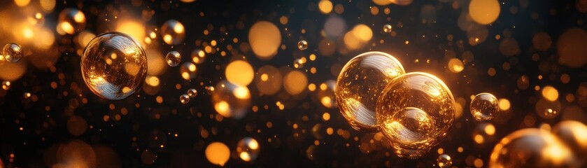 A stunning abstract image featuring shimmering golden bubbles against a dark backdrop, creating a sense of depth and mystery.
