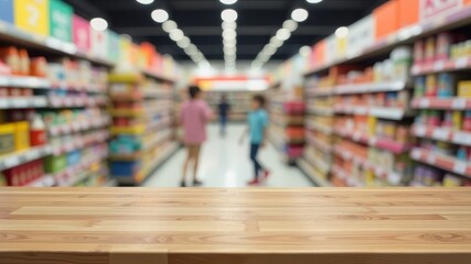 Empty wooden table top with blurred background of racks of goods in a supermarket. Generated AI