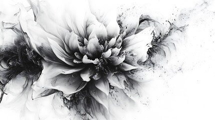 Abstract Black and White Ink Flower with Splashes