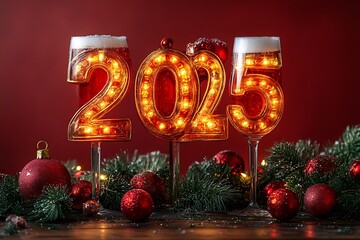 Happy New Year 2025 with a glass twinkling lights and red ornament