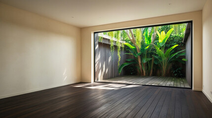 Fototapeta premium Empty room with large window to see wooden courtyard and green tropical tree wall background 