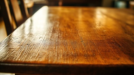 Wooden table with polished surface in a cozy interior setting during daylight hours