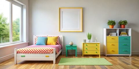 Empty Frame Mockup: Modern Kid's Room Interior Design, White Wall, Cozy Bedroom, 3D Render, Child's Room Decor