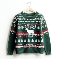 Green Christmas sweater with reindeer and festive pattern.