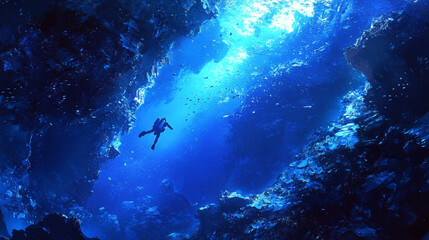 Obraz premium Freediver underwater engaged in freediving. Diver in blue ray of sunshine in deep ocean under sub sea.