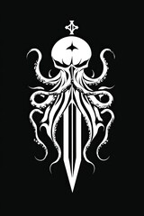 Fototapeta premium Octopus logo for tattoo in white ink with flowing tentacles, on a deep black canvas.