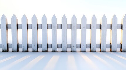 Fototapeta premium Wooden picket fence painted bright white, with evenly spaced vertical slats and pointed tops, casting soft shadows on a pristine white background.
