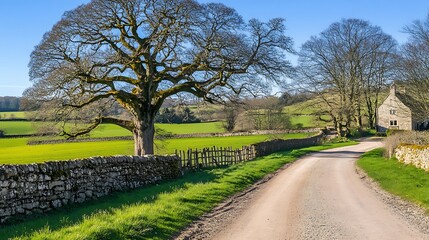 Rural Road Leading to Stone Cottage in a Green Field with a Large Tree in the Foreground