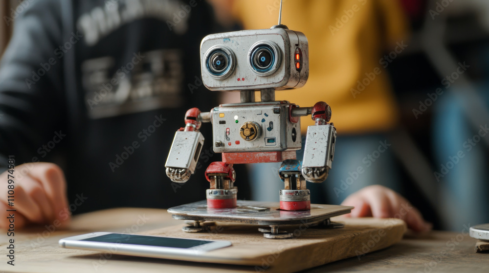 Wall mural diy balancing robot controlled from a phone. robotics for kids conceptual isometric banner. kids dev