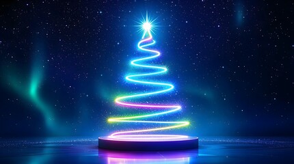 Neon Aurora Christmas Tree: Swirling neon light Christmas tree with aurora borealis on a stage.