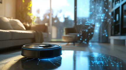 Fototapeta premium Robot Vacuum Cleaner In Modern Living Room