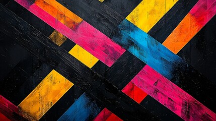 Bold neon lines create dynamic patterns over a dark background in abstract art display