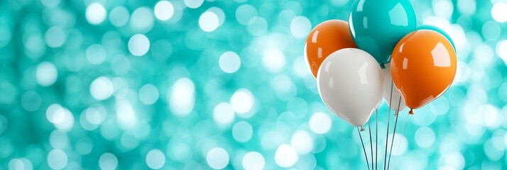 Teal, Orange and White Balloons Before a Sparkling Turquoise Background, Party Decoration