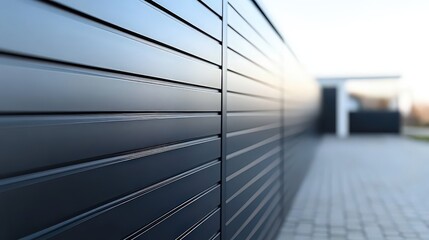  Sleek black horizontal panel fence extending into a clean driveway, highlighting a modern and minimalistic outdoor design.