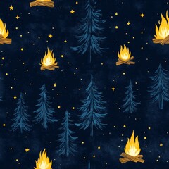 Naklejka premium Night Forest Campfire Pattern Design