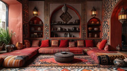  Moroccan salon with bold red and orange tones features handwoven carpets over tiled floors, shelves of ceramics, lanterns, and ornate metalwork for a vibrant aesthetic.
