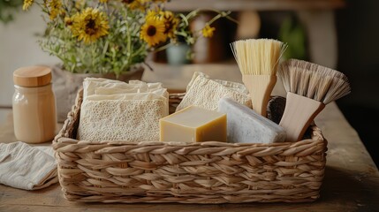 Fototapeta premium Zero-waste starter kit includes beeswax wraps, reusable produce bags, a soap bar, and a wooden dish brush, presented in a festive, reusable wicker basket.