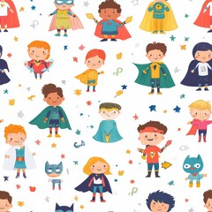 Fototapeta premium Adorable Kids in Superhero Costumes Pattern