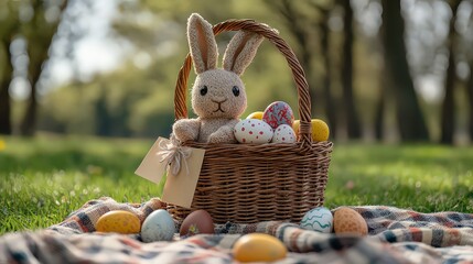  Wicker basket filled with colorful eggs, chocolates, and stuffed bunnies, styled with customizable ribbon and tag options, set on a picnic blanket for a festive look.