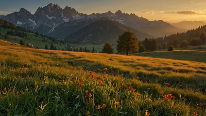 Fototapeta premium Sunrise on a mountain meadow, Italy.