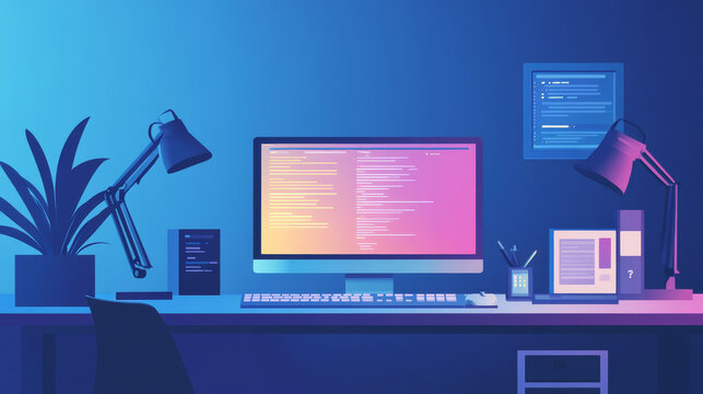 Programming and coding of program product or code. Workplace of computer software developers. Technology creating cross platform application. Modern Tech isometric conceptual illustration.