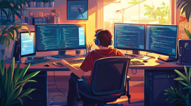 Programming and coding of program product or code. Workplace of computer software developers. Technology creating cross platform application. Modern Tech isometric conceptual illustration.